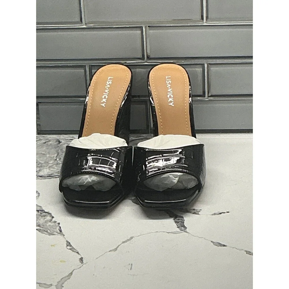 LISA VICKY ADORE V Black Croc Patent Wedge‎ Mules Sandals Women Size 7.5
